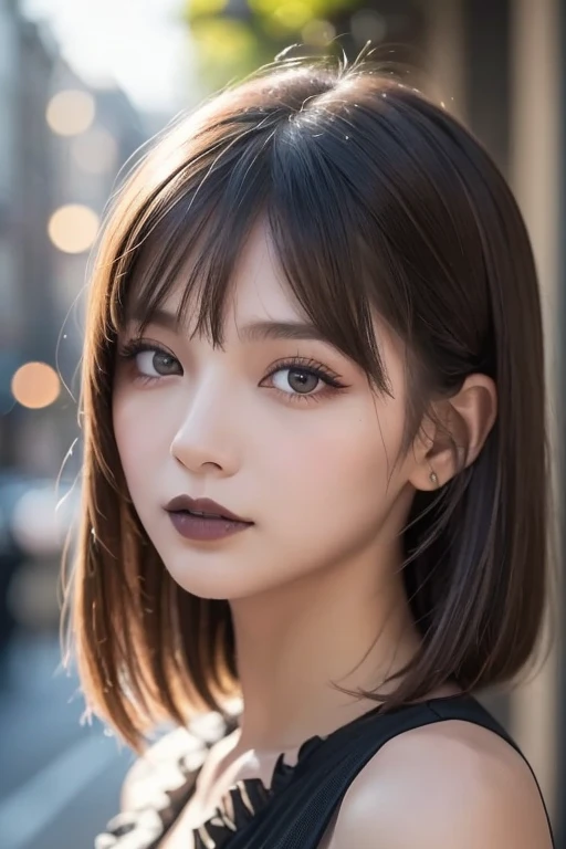 One Girl, (A beauty girl, Delicate girl:1.3), (:1.3), break, (Gothicta, Frills, race:1.3), break, Very fine grain definition, (Symmetrical eyes:1.3), break, (Street view:1.3), break, Small breasts, Brown eyes, Parted bangs, Brown Hair, , break, (Eye and fa...