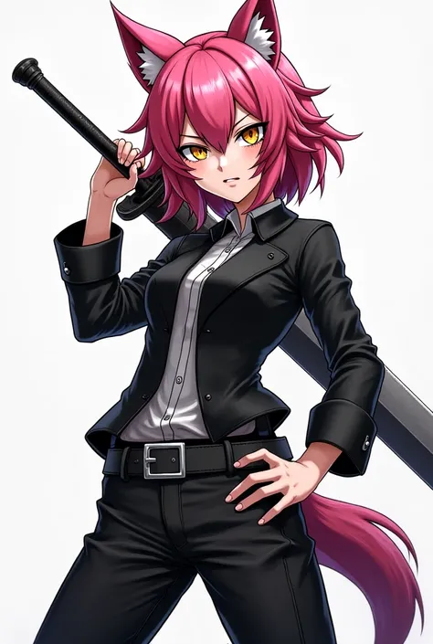  a werewolf girl anime,  Clear skin,  pink hair,  golden eyes,  black and white clothes , black and white pants, Serious and furious expression ,  wielding a heavy sword.
