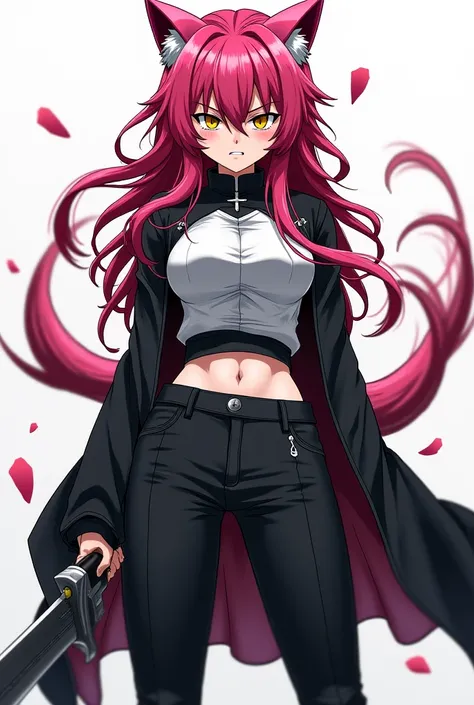  a werewolf girl anime,  Clear skin,  pink hair,  golden eyes,  black and white clothes , black and white pants, Serious and furious expression ,  wielding a heavy sword.
