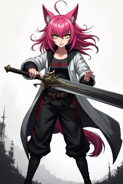  a werewolf girl anime,  Clear skin,  pink hair,  golden eyes,  black and white clothes , black and white pants, Serious and furious expression ,  wielding a heavy sword.
