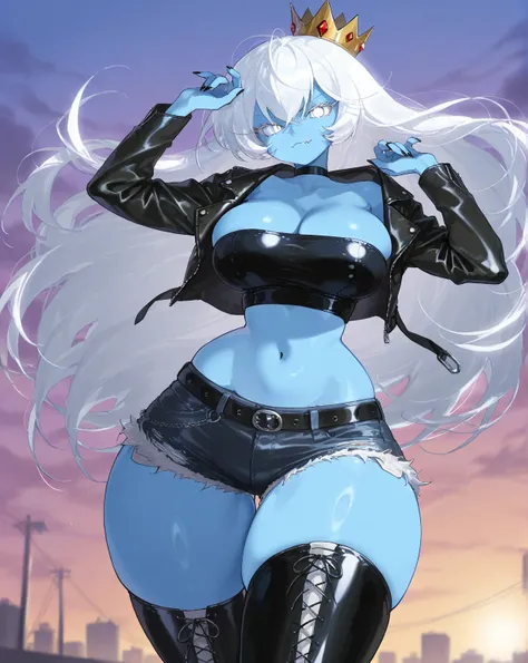 score_9, score_8_up, 1girl, solo, Ice Queen, blue skin, white eyes, white hair, long hair, crown, fang, wide hips, leather jacket, tube top, midriff, jean shorts, short shorts, thigh boots, detailed background, outdoors, large breasts, large thighs 