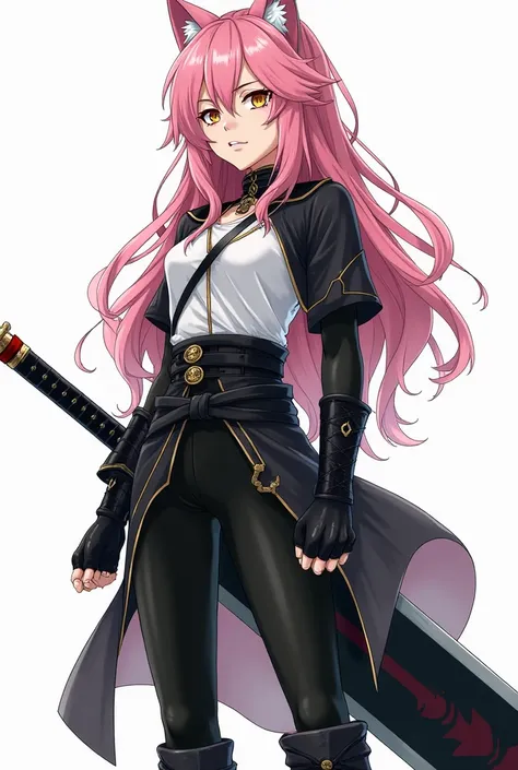  a werewolf girl anime,  Clear skin,  pink hair,  golden eyes,  black and white clothes , black and white pants, Serious and furious expression ,  wielding a heavy sword.
