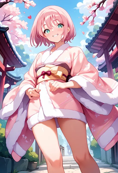  Masterpiece, Hi-Res, top quality,8k
(aqua eyes, pink hair,short hair)
(fur-trimmed kimono, light pink short kimono,  bare legs, Heart)
(standing,Love juice)
smile, embarrassing

