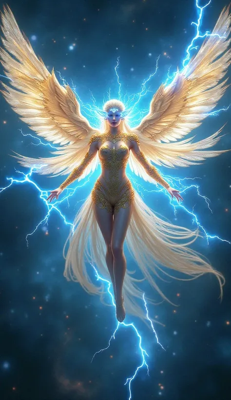 A six-winged female warrior wearing a golden-patterned divine costume with blue lightning emitting from her body, floating in space, seeing many planets.