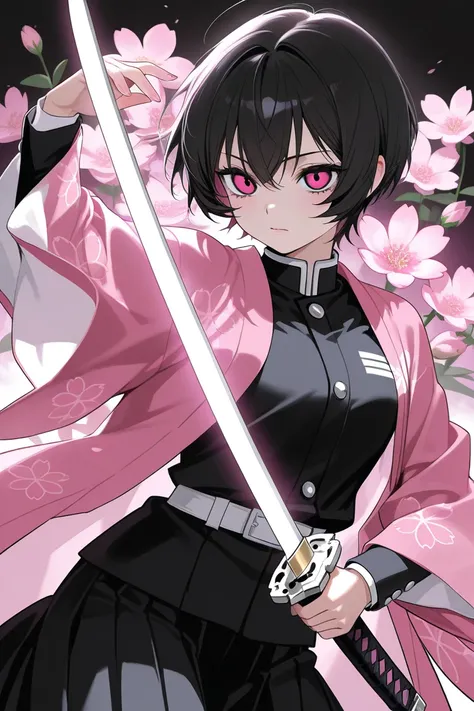 A girl with demonslayer uniform and pink flower haori pattern with black short hair and pink eyecolour holding katana