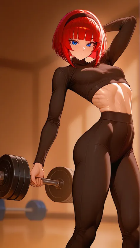 Expressiveh,  Sensual, cold look, Sensual,   small breasts, score_9, score_8_above, score_7_above,    short red hair  , straight bangs, bob style,  blue eyes, ((Busty bitches )), ((saboveermodel )), source_anime,   arrogant  ,   muscular thighs  ,   hairba...