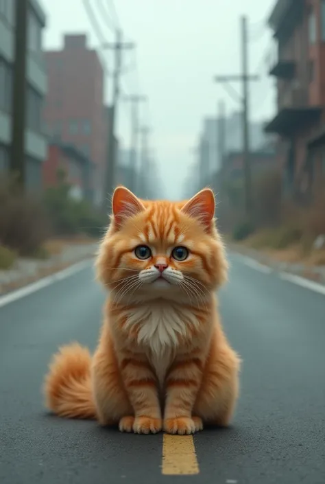 A orange cat sad on the road
