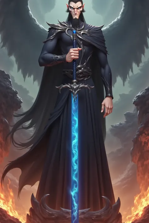 ( masterpiece,  highest quality:1.2), Game anime characters,  alone，beard,  Black Robe ,slim。Holding a blue sword in his hand。flame，cliff，Ominous clouds
