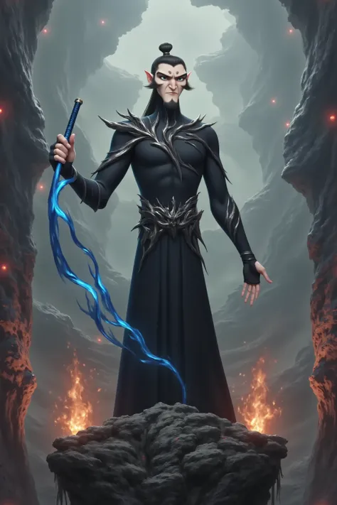 ( masterpiece,  highest quality:1.2), Game anime characters,  alone，beard,  Black Robe ,slim。Holding a blue sword in his hand。flame，cliff，Ominous clouds
