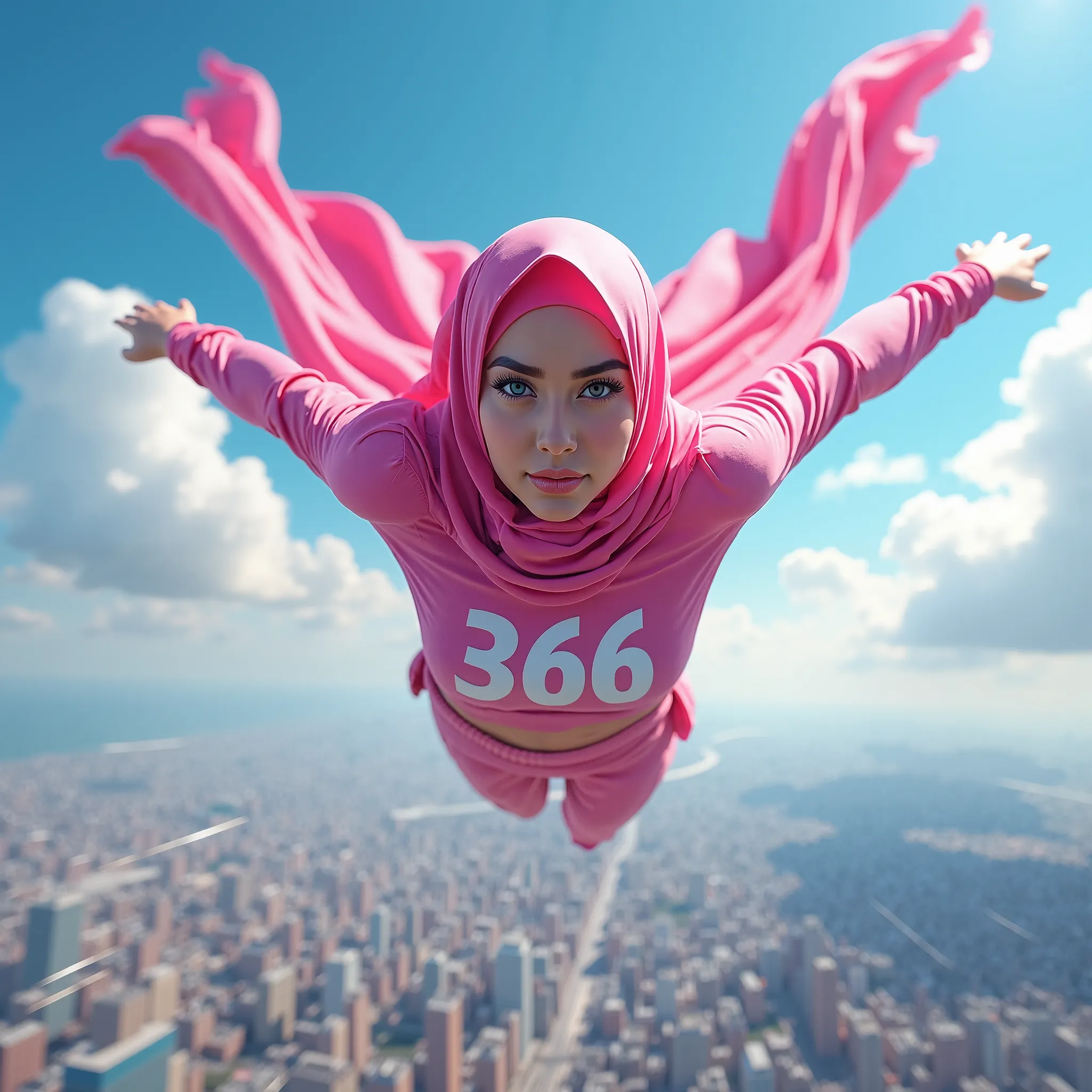 Facing forward, symtrical photo, A dynamic and dramatic digital painting of a hijabi superhero in a pink outfit soaring through the sky at high speed. She wears a flowing cape and a pink hijab, with a determined expression on her face. The iconic "366" emb...