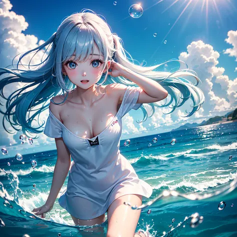  1girl , pretty face、Baby Face、In the water、((( Dynamic Best Composition 、 top quality、's greatest masterpiece、 Official Art、 super detailed、 high definition、CG、32K、 super detailedな目)))、 Clear Outline 、 absurd、 Incredibly Beautiful Scenery 、Kait, a beautif...