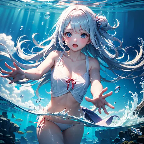  1girl , pretty face、Baby Face、In the water、((( Dynamic Best Composition 、 top quality、's greatest masterpiece、 Official Art、 super detailed、 high definition、CG、32K、 super detailedな目)))、 Clear Outline 、 absurd、 Incredibly Beautiful Scenery 、Kait, a beautif...