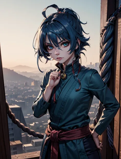  young woman ,  Indigo blue hair ,  A short, raised and thin hairstyle , Sharp look, A serious expression ,  a sky blue kung fu costume in the style of fantasy martial arts , Ripped sleeves ,  Hands wrapped with ropes ,  A linen belt tied around the waist ...