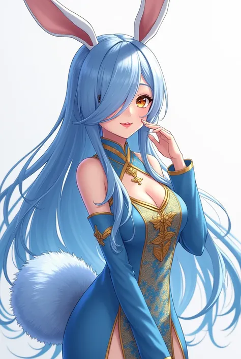 ( top quality,  thong,  official art  , beautiful and aesthetic :1.2) female anime, rabbit woman, cute girl,  long blue hair ,  hair over the right eye,  golden eyes,  rabbit ears , pompous blue tail ,  blue and gold Chinese clothes,  smiling.
