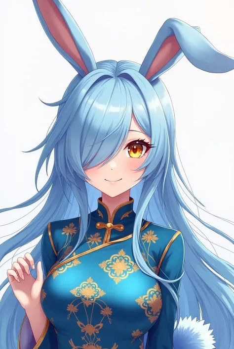 ( top quality,  thong,  official art  , beautiful and aesthetic :1.2) female anime, rabbit woman, cute girl,  long blue hair ,  hair over the right eye,  golden eyes,  rabbit ears , pompous blue tail ,  blue and gold Chinese clothes,  smiling.
