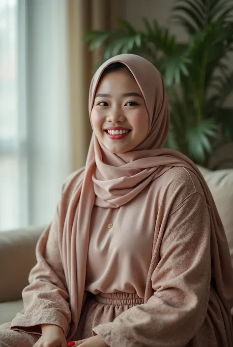 Beautiful fair skin Chinese girl in hijab seating in leaving room happy, 4 MILF, happy pose, beautiful face, beautiful fingers, red nails, leaving room, morning, wearing long hijab, long pastel color hijab, long patern Abaya, biggest, heavy breast, plump c...