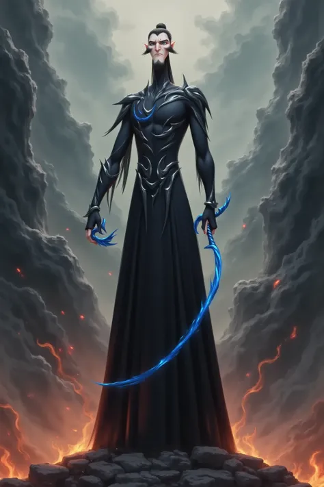 ( masterpiece,  highest quality:1.2), Game anime characters,  alone，beard,  Black Robe ,slim。Holding a blue sword in his hand。flame，cliff，Ominous clouds
