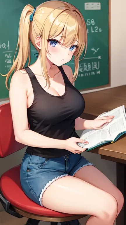 Beautiful girl studying、 tank top、 shorts