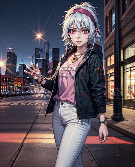 ( gorgeous painting , Anime, kawaii,   is the best illustration ,  twilight and shadow ), ( 1 boy :.6), Alone, ( is non-binary :.8), ( A girl focuses :.7), (mature:.9),  a transgender woman ,  white hair , bicolor hair, jacket, blue jacket,  In pink ,  pin...