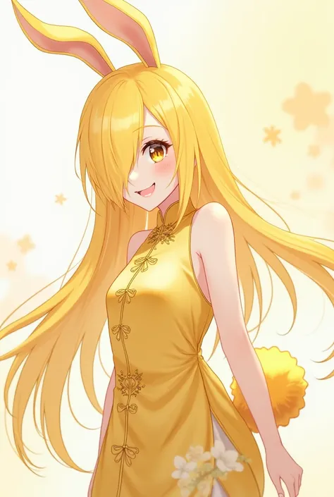 ( top quality,  thong,  official art  , beautiful and aesthetic :1.2) female anime, rabbit woman, cute girl,  long yellow hair,  hair over the right eye,  golden eyes,  rabbit ears , yellow pompous tail ,  golden Chinese clothes,  smiling.
