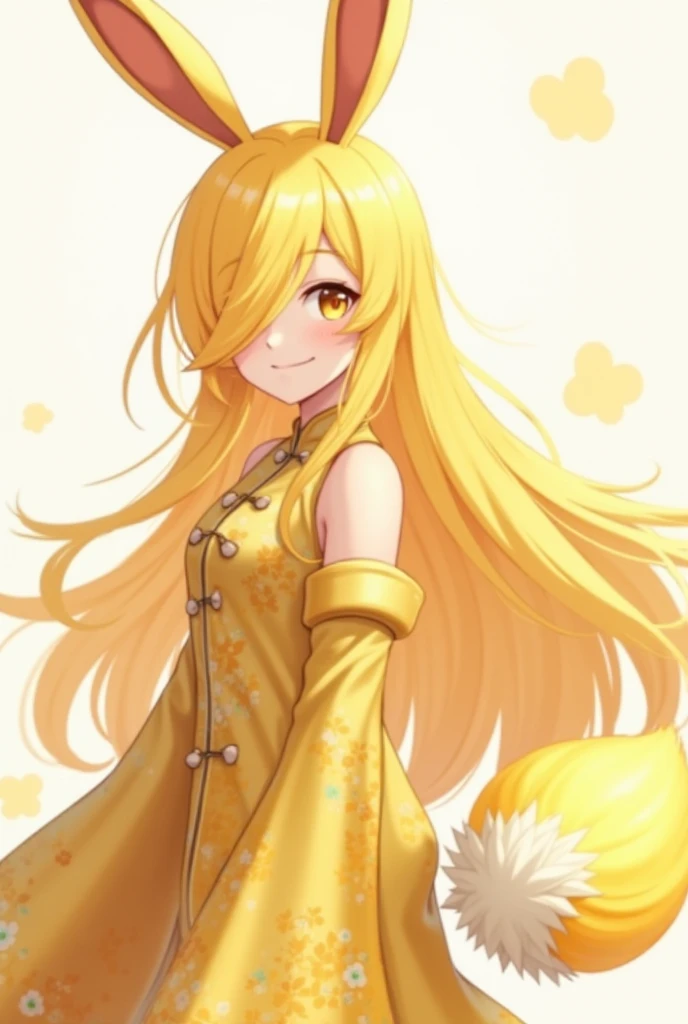 ( top quality,  thong,  official art  , beautiful and aesthetic :1.2) female anime, rabbit woman, cute girl,  long yellow hair,  hair over the right eye,  golden eyes,  rabbit ears , yellow pompous tail ,  golden Chinese clothes,  smiling.
