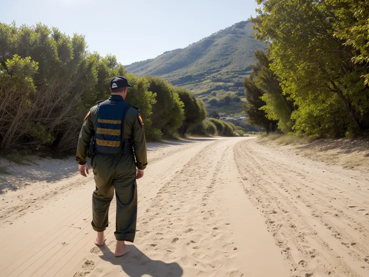 L'image montre un jeune homme blanc de 18 ans ,  un marin, vu de face et en légère perspective. Il descend un escalier de pierre situé près d'une plage de sable.

Physique: Il est de corpulence moyenne, avec une posture droite et une allure assurée. Son te...