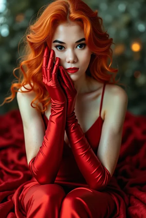 erotic woman ,in a luxuriously sureal Dimension, she is complete Ginger-haired ,red satin gloves