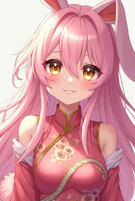 ( top quality,  thong,  official art  , beautiful and aesthetic :1.2) female anime, rabbit woman, cute girl, long pink hair,  hair over the right eye,  golden eyes,  rabbit ears , pompous pink tail ,  pink and gold Chinese clothes,  smiling.
