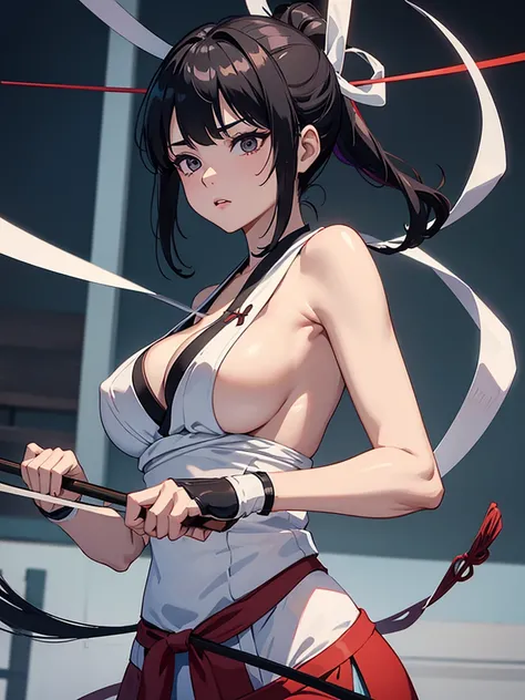 woman、、Kyudo、Kyudo着、 has bare upper body、 has a Japanese bow 、 black strade 、 has aligned bangs 、 dark eyes、 shirtless、Above the dojo 、 big breasts、