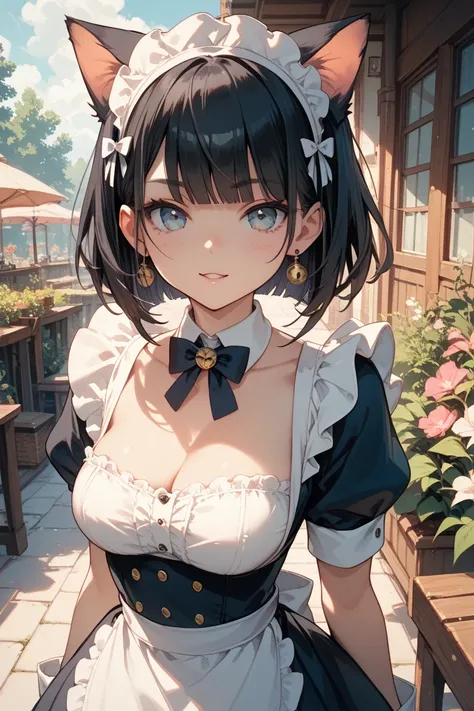  one girl　Maid　 cat　 bob cut　Dark hair color　 mischievous expression 　outside　I'm seducing you by showing off your bust