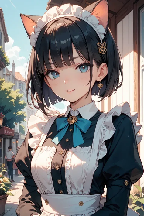  one girl　Maid　 cat　 bob cut　Dark hair color　 mischievous expression 　outside　I'm seducing you by showing off your bust