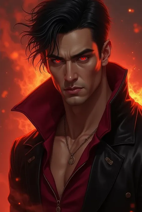 I want a prompt for a realistic image of a man; Your body has muscles. Her black hair, her eyes as red as scarlet and her fair skin. His clothing is that of a Fire King, his look shows arrogance and ambition.