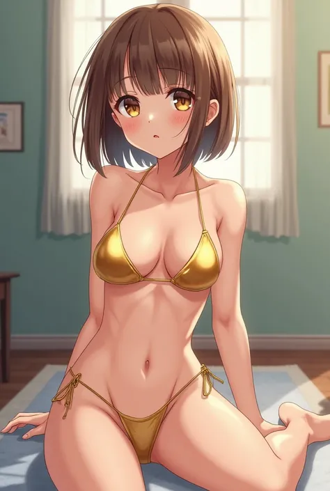 
short-haired anime girl brown hair in a gold bikini poses while sitting with the male genitals and  