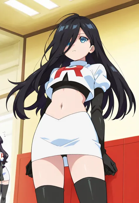 best quality, masterpiece
BREAK
1girl, natsukohirose, black hair, long hair, blue eyes,
team rocket,team rocket uniform,white skirt,red letter R,crop top,black thigh-highs,black elbow gloves, cowboy shot,
indoors