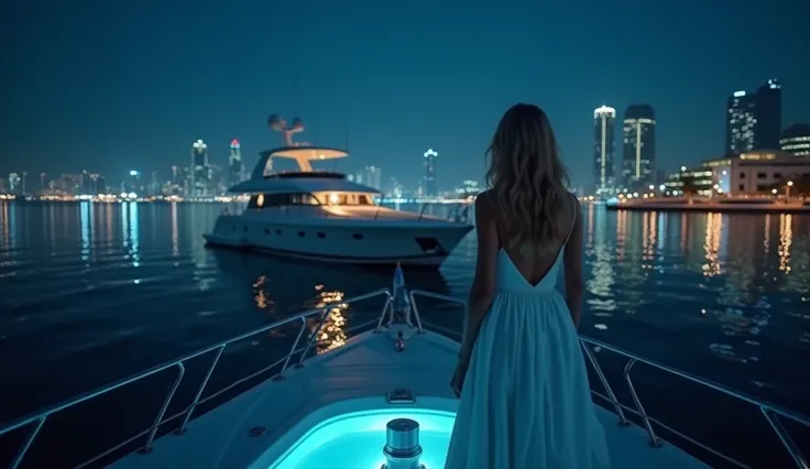 The whole thing is full of deep, dark blue light, / imagine prompts : Whole body, A hyper-realistic image of a European woman with blonde hair and blue eyes , She is gracefully standing on a luxury yacht in the calm waters of Dubai at night . She is wearin...