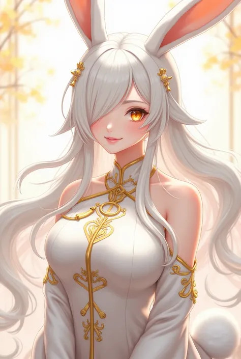 ( top quality,  thong,  official art  , beautiful and aesthetic :1.2) female anime, rabbit woman, cute girl,  long white hair,  hair over the right eye,  golden eyes,  rabbit ears , white pompous tail ,  white and gold Chinese clothes,  smiling.
