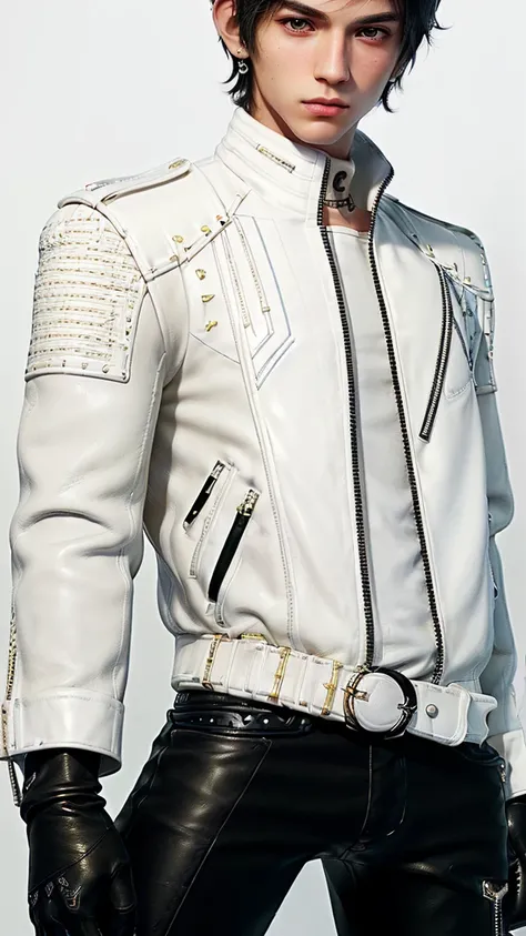 ((Final fantasy taste and reality graphics)), ((Japanese young cute and cool ikemen  boy)), his age is early 20s, thin eyebrows and beady eyes,, (((((boy wearing cream-white color thick leather and single-brest double zipper jacket))))), ,(((((jacket is vo...