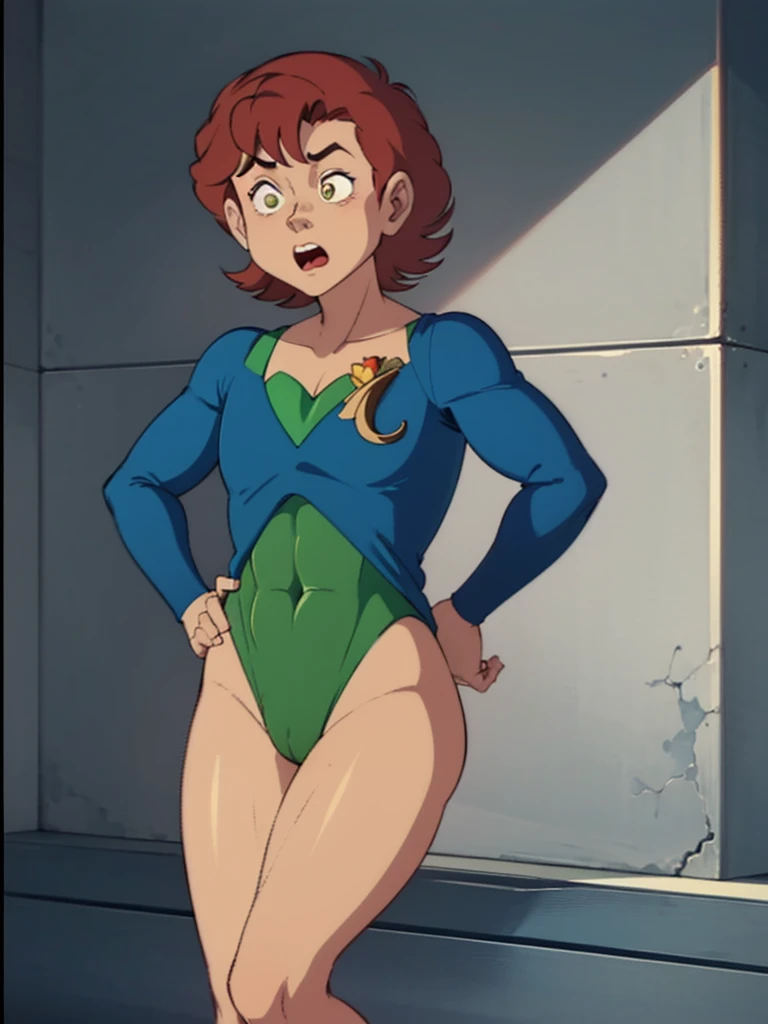 a redhead cartoon character dressed in a green leotard, very muscular, a 14-year-old male wizard, 1980s cartoon, animated episode still, Presto (((mad)))