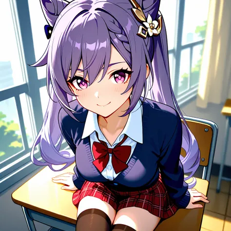 8k,masterpiece, best quality, ultra detailed, high resolution, super fine illustration,Keqing (Genshin impact), 1girl, solo,smile,purple eyes, purple hair, cone hair bun, double bun, braided bangs, long hair, medium breasts, school uniform, collared shirt,...