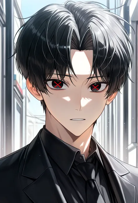 (solo), (handsome), (1 male, short hair), (20 years old), (black hair andcenter parted bangs), (black eyes), (black blazer for men), (best), (high), (score 9), (x shaped pupils), (red_pupils).