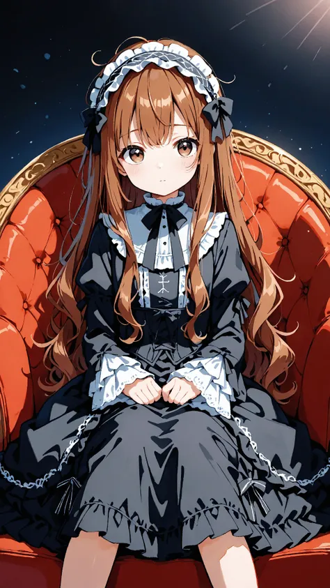   top quality，  long brown hair， Messy Hair，  brown eyes， zitoida ，  eyes with highlights ，  in the seat，  very young girl ，  Gothic Lolita ， An English space with a long history