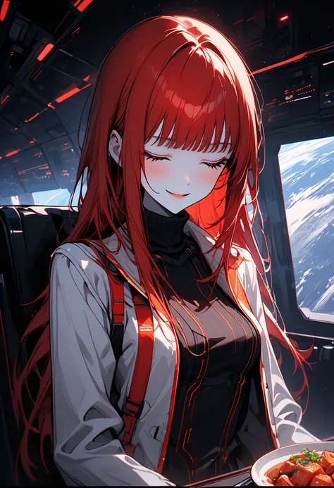  alone, female,  long straight red hair, straight bangs, hime cut,  golden eyes, slender, Tune, very high, Black turtleneck,  elegant space clothes ,  pale white skin , Elegant,  medium breasts, window, spacebase , close up,  futuristic , increases:0.1, fa...