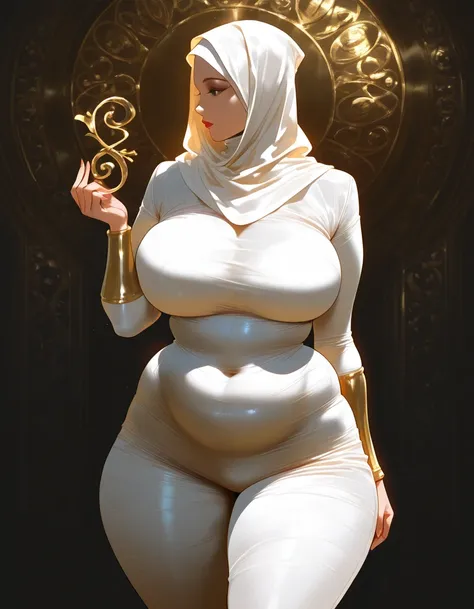 mixed_artstyle, 1 girl, Alone, hands, Arabic,  voluptuous figure, chubby body, belly folds, narrow waist, wide hips, thick thighs, massive boobies, wearing hijab, , realistic, textures, 8K, perfect hand, perfect anatomy, Profile, visible curves, Breasts, s...