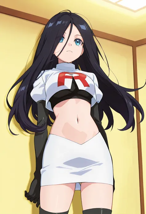 best quality, masterpiece
BREAK
1girl, natsukohirose, black hair, long hair, blue eyes,
team rocket,team rocket uniform,white skirt,red letter R,crop top,black thigh-highs,black elbow gloves, cowboy shot,
indoors