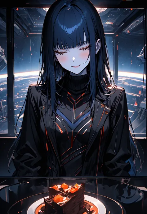  alone, female, long straight blue hair, straight bangs, hime cut,  golden eyes, slender, Tune, very high, Black turtleneck,  elegant space clothes ,  pale white skin , Elegant,  medium breasts, window, spacebase , close up,  futuristic , increases:0.1, fa...