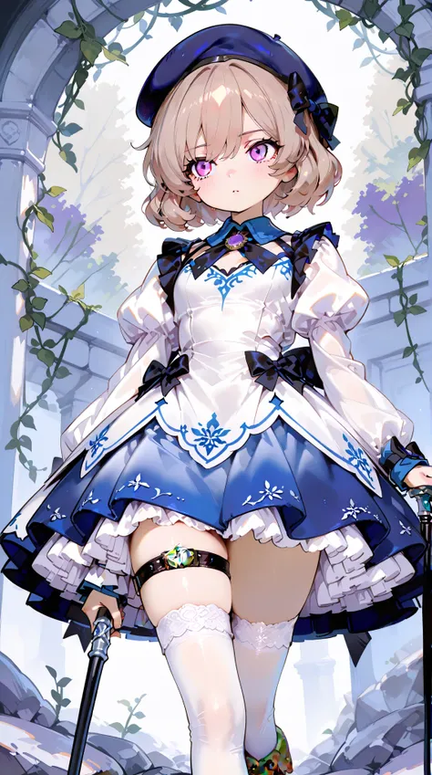 (iwanaga dress:1.2), (Rock vine:0.9),(beret:1.8),  Iwanaga Kotoko,  1 girl completely naked, beret, black bow, blue  skirt, bow,   Brown Footwear, Cane,  dress, hair bow,  gradation shirt that Furakana has ,  holding,  holding Cane,   Juliet sleeve,  light...