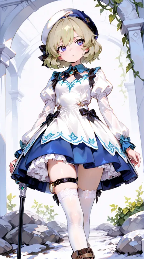 (iwanaga dress:1.2), (Rock vine:0.9),(beret:1.8),  Iwanaga Kotoko,  1 girl completely naked, beret, black bow, blue  skirt, bow,   Brown Footwear, Cane,  dress, hair bow,  gradation shirt that Furakana has ,  holding,  holding Cane,   Juliet sleeve,  light...