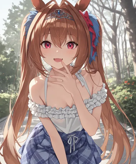 very awa, masterpiece, best quality, newest,  highres, absurdres、 There is only one 、 Daiwa Scarlet、Uma Musume　 Daiwa Scarlet、 twin tails、Reddish brown hair、 very small breasts、light brown hair、white ruffled clothes 、 pale light blue skirt 、Smiling with mo...