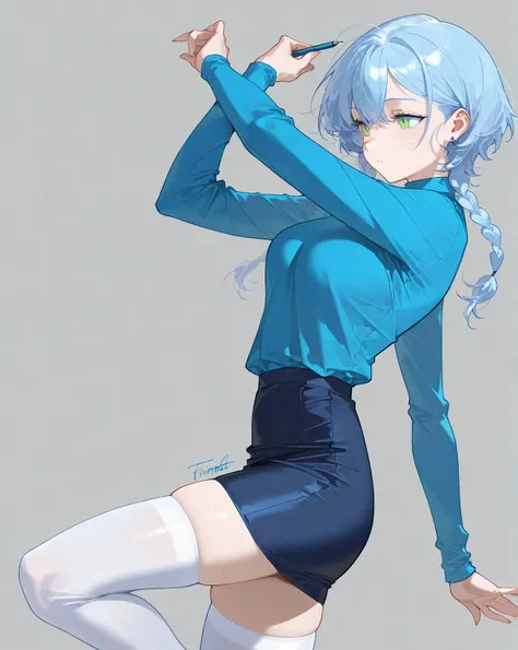 1 girl, solo , Fiona , blue long sleeve shirt, blue pencil skirt, white thigh highs, 