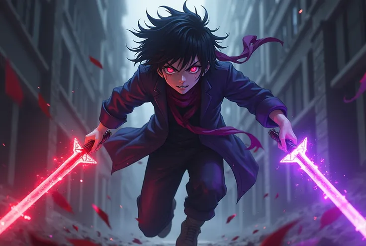 adolescent male anime character similar to Sasuke with a red left eye and a purple right eye dripping with blood, Jumping with two swords, one in each hand, one being transparent red and the other transparent purple